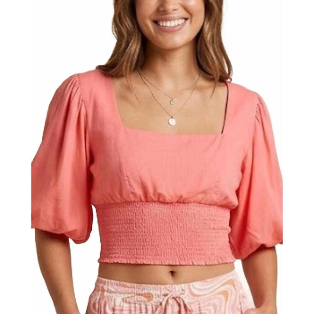 NEW SKEMO watermelon puff sleeve top in coral